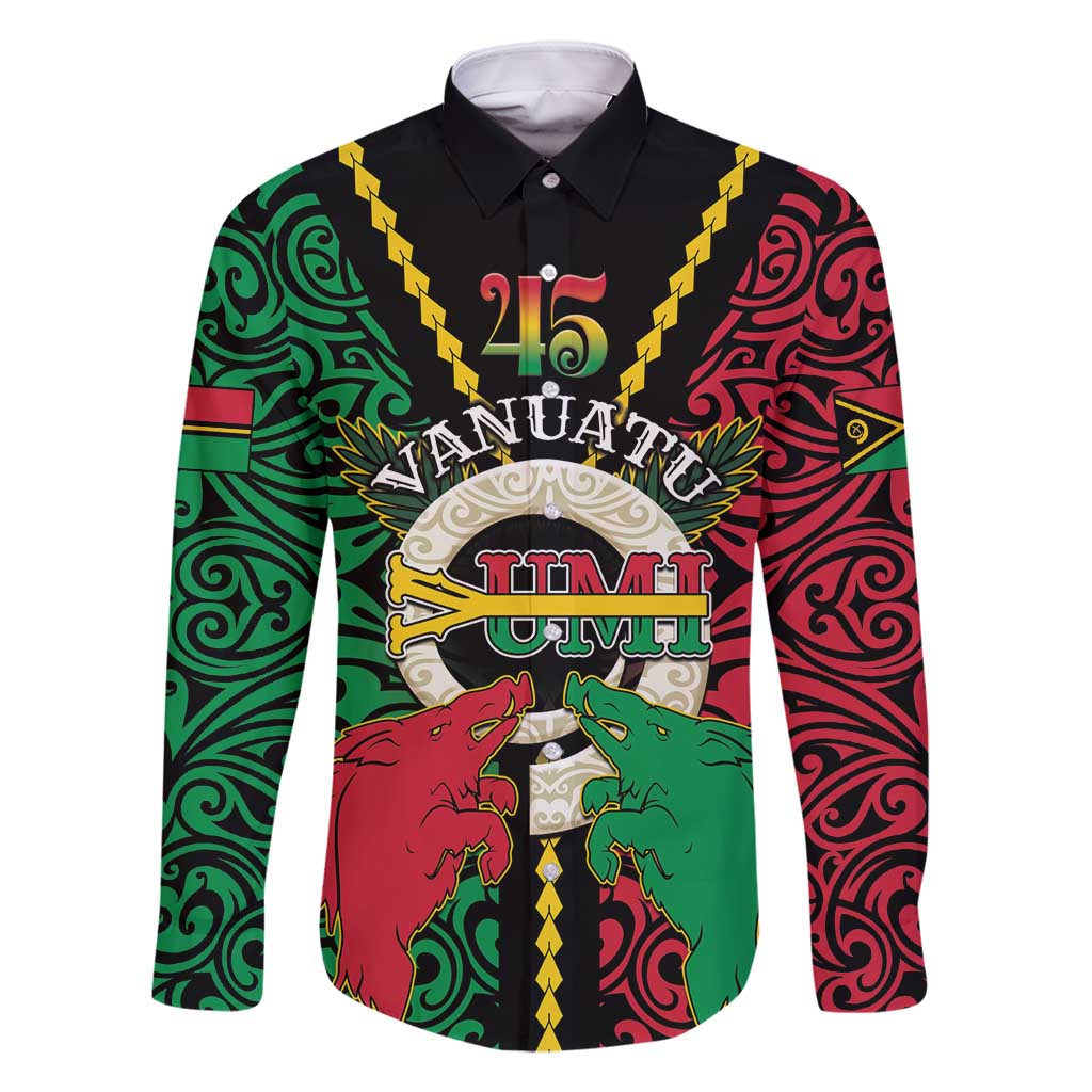 Vanuatu 45th Independence Day Family Matching Long Sleeve Bodycon Dress and Hawaiian Shirt Long God Yumi Stanap Wild Boar LT05