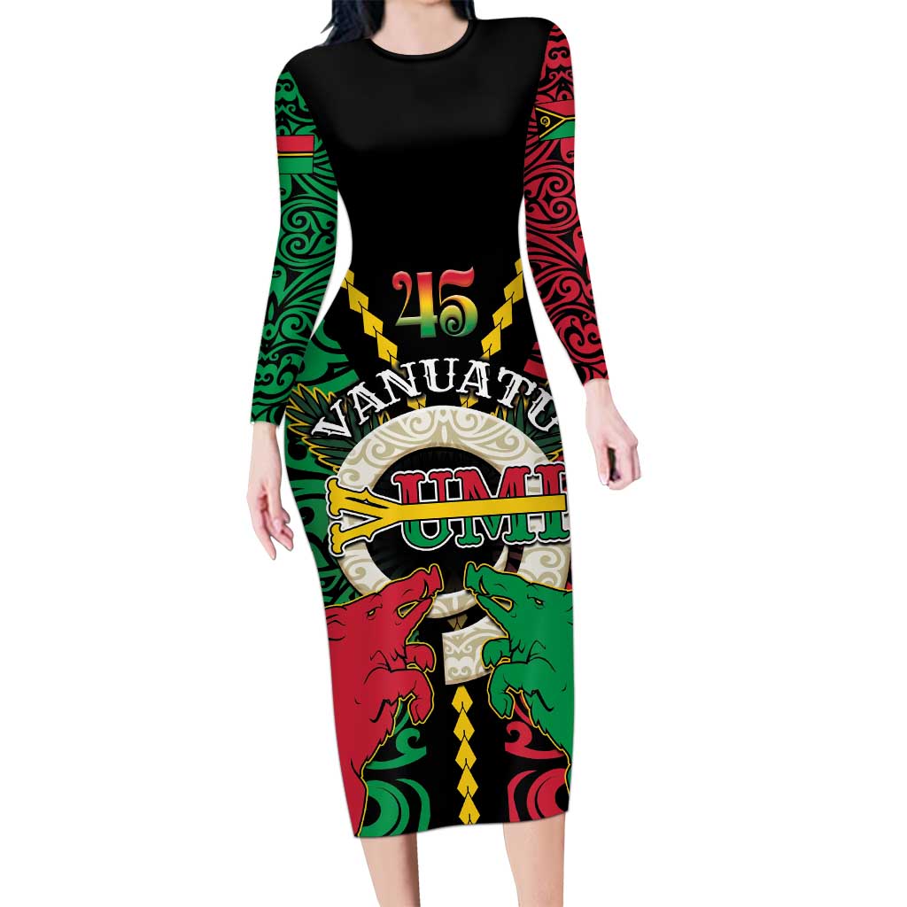 Vanuatu 45th Independence Day Family Matching Long Sleeve Bodycon Dress and Hawaiian Shirt Long God Yumi Stanap Wild Boar LT05