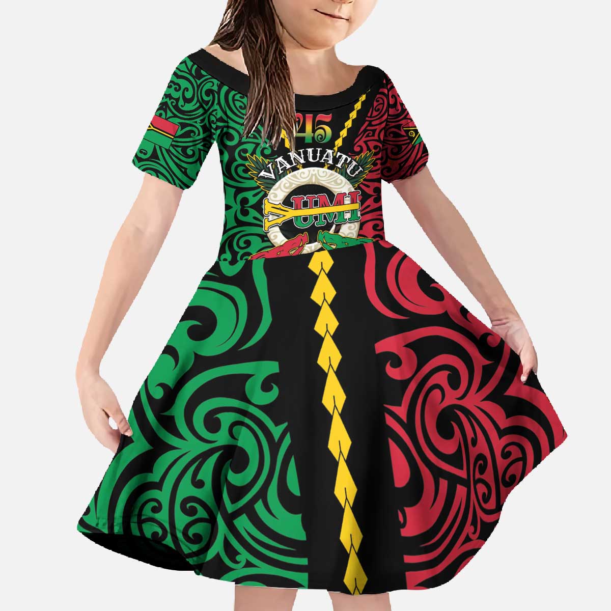 Vanuatu 45th Independence Day Family Matching Off The Shoulder Long Sleeve Dress and Hawaiian Shirt Long God Yumi Stanap Wild Boar LT05