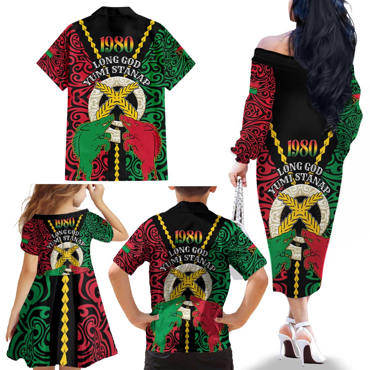 Vanuatu 45th Independence Day Family Matching Off The Shoulder Long Sleeve Dress and Hawaiian Shirt Long God Yumi Stanap Wild Boar LT05