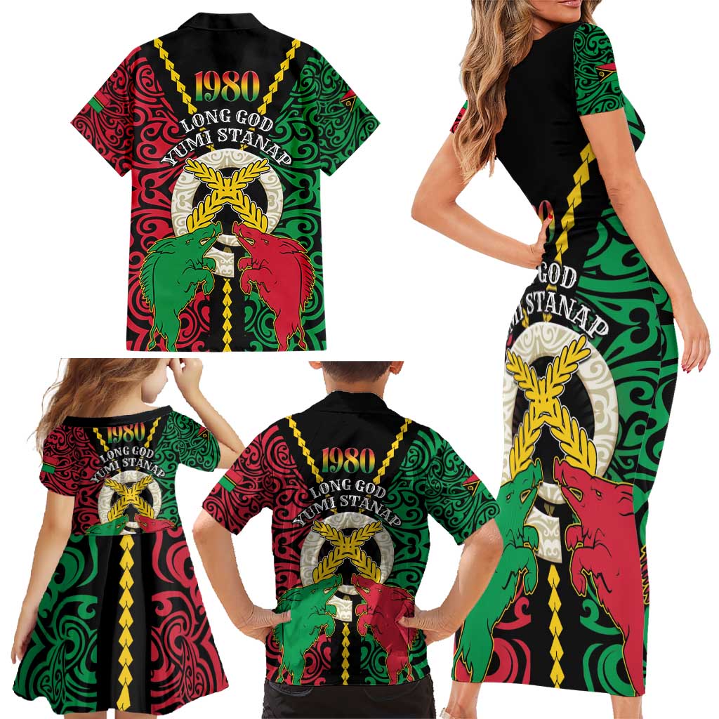 Vanuatu 45th Independence Day Family Matching Short Sleeve Bodycon Dress and Hawaiian Shirt Long God Yumi Stanap Wild Boar LT05 - Polynesian Pride
