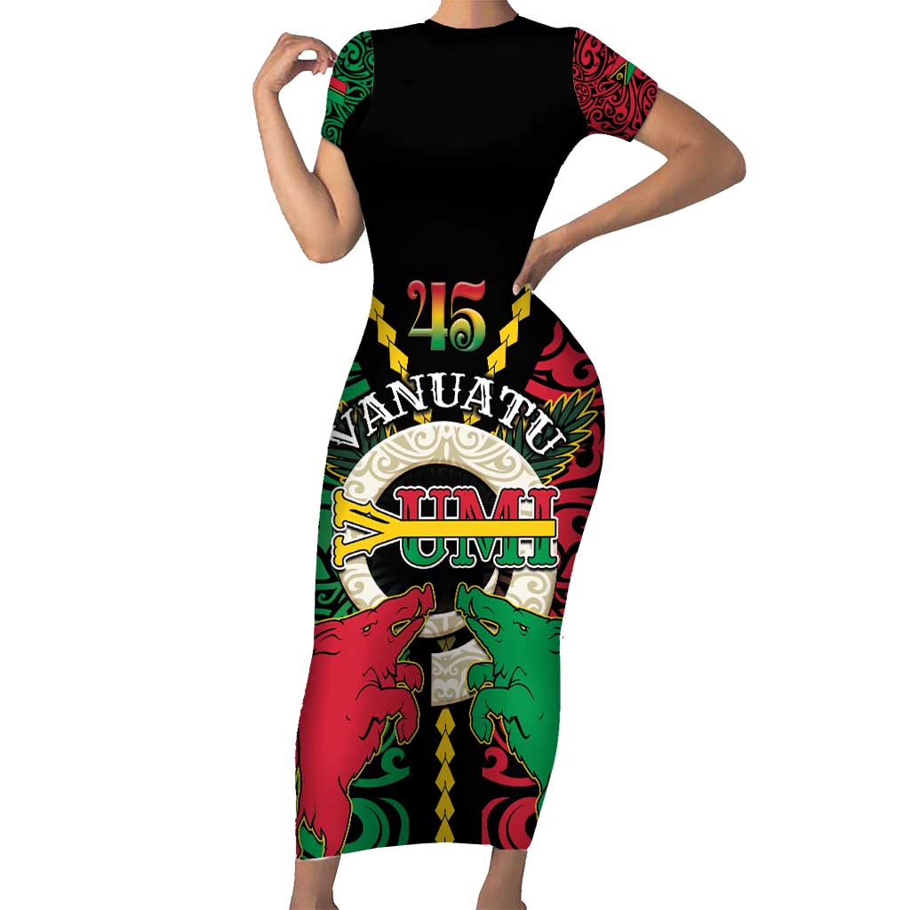 Vanuatu 45th Independence Day Family Matching Short Sleeve Bodycon Dress and Hawaiian Shirt Long God Yumi Stanap Wild Boar LT05 Mom's Dress Black - Polynesian Pride