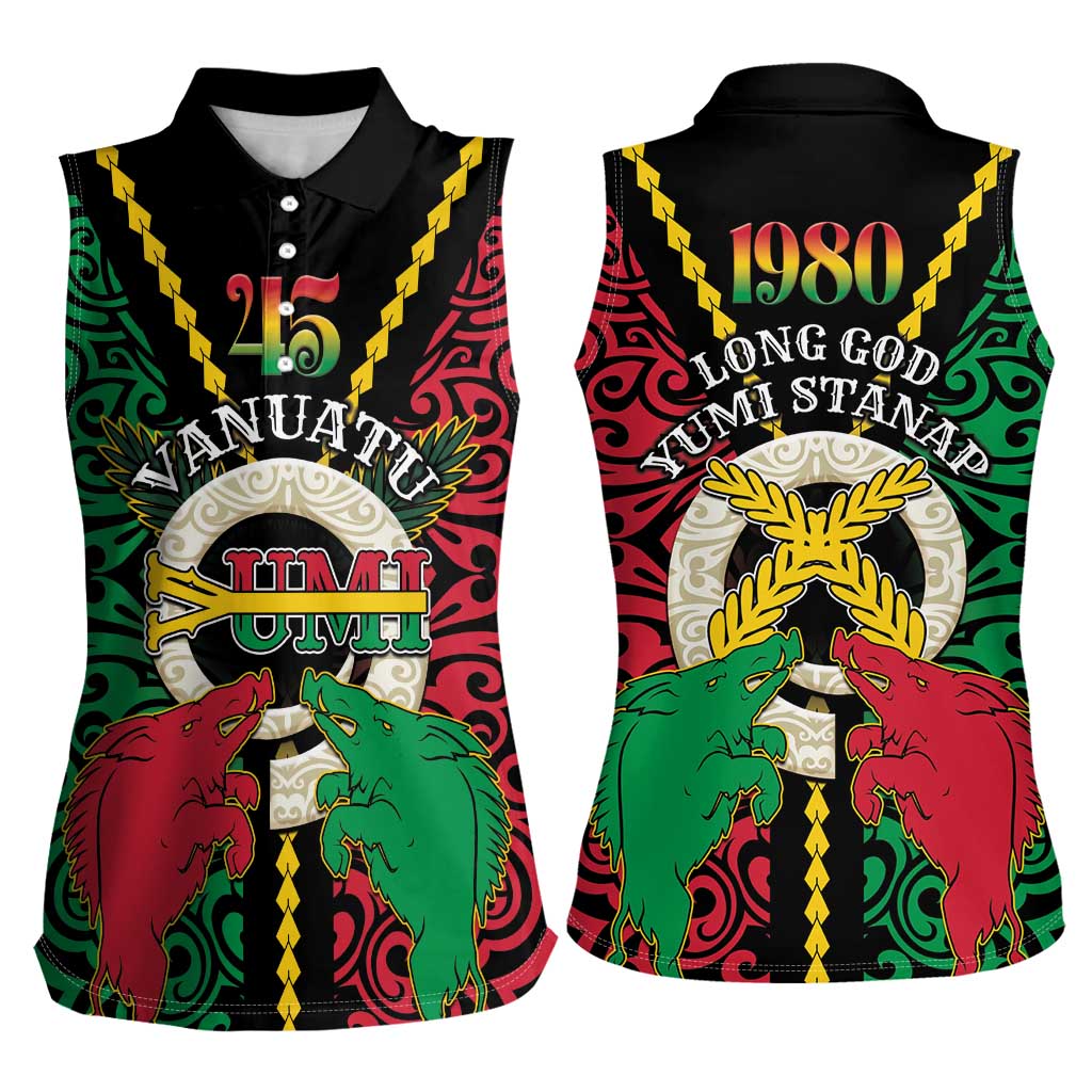 Vanuatu 45th Independence Day Women Sleeveless Polo Shirt Long God Yumi Stanap Wild Boar LT05 - Polynesian Pride