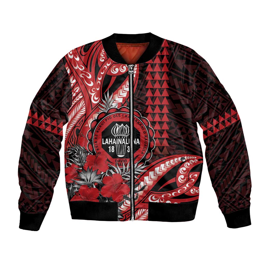 Personalized Hawaii Lahainaluna High School Bomber Jacket Tribal Tattoo With Hibiscus Flowers LT05 Unisex Red - Polynesian Pride
