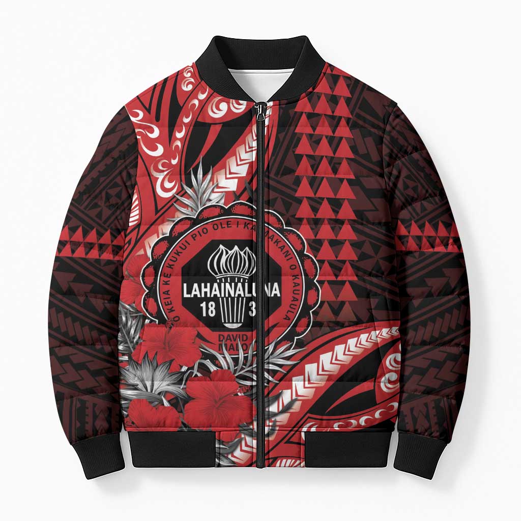 Personalized Hawaii Lahainaluna High School Bomber Puffer Jacket Tribal Tattoo With Hibiscus Flowers