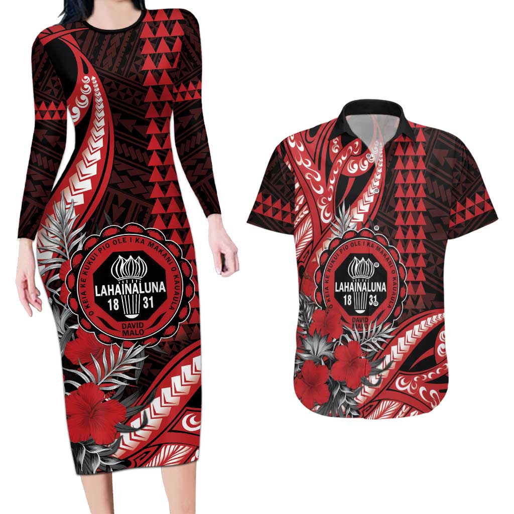 Personalized Hawaii Lahainaluna High School Couples Matching Long Sleeve Bodycon Dress and Hawaiian Shirt Tribal Tattoo With Hibiscus Flowers