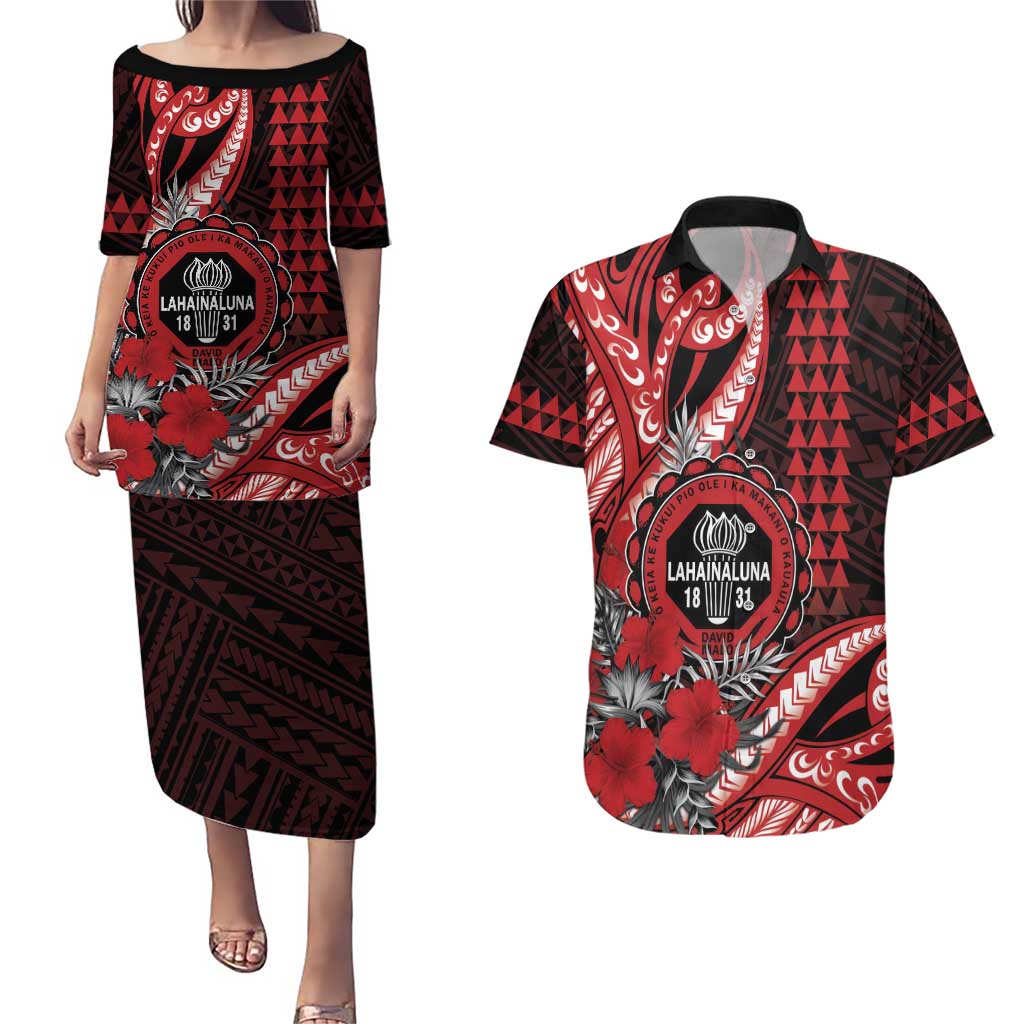 Personalized Hawaii Lahainaluna High School Couples Matching Puletasi and Hawaiian Shirt Tribal Tattoo With Hibiscus Flowers