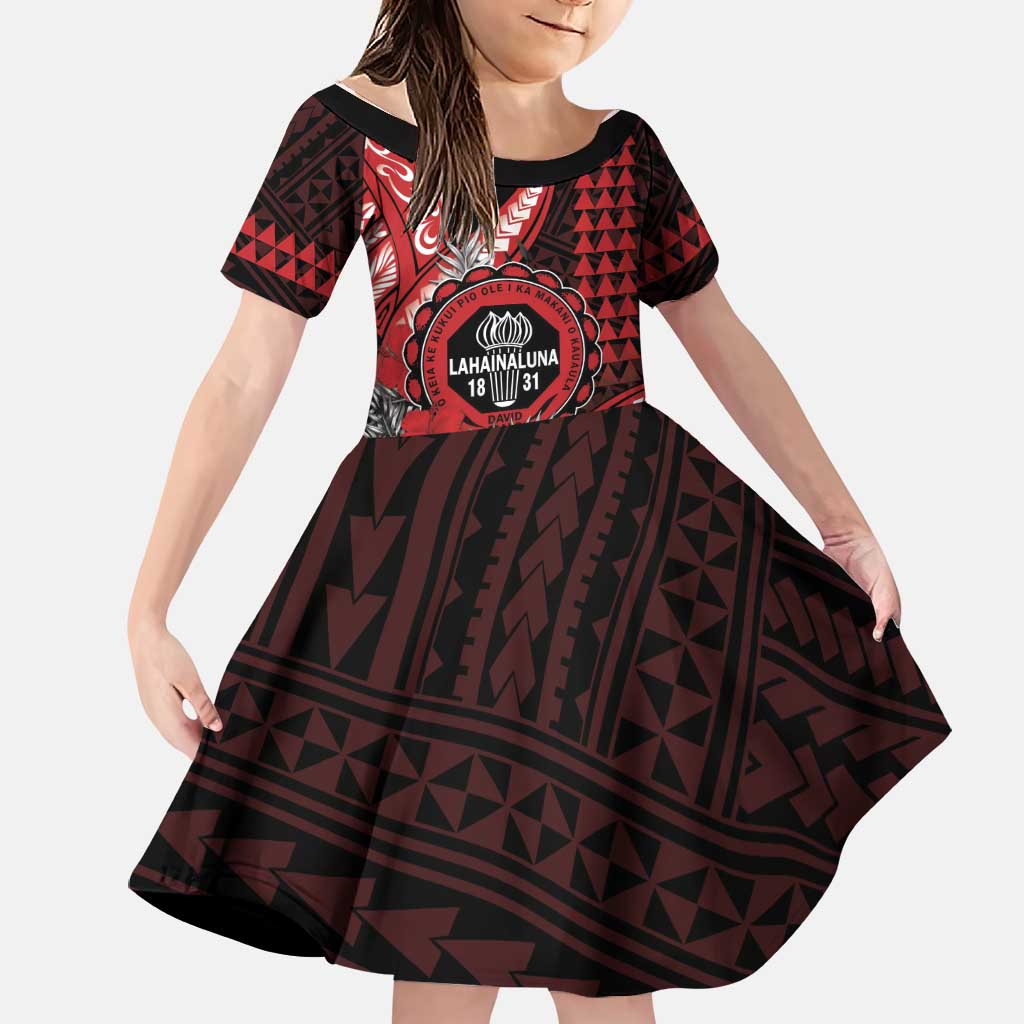 Personalized Hawaii Lahainaluna High School Family Matching Long Sleeve Bodycon Dress and Hawaiian Shirt Tribal Tattoo With Hibiscus Flowers LT05 Daughter's Dress Red - Polynesian Pride