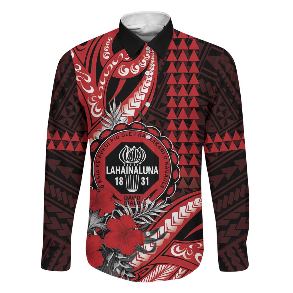 Personalized Hawaii Lahainaluna High School Family Matching Mermaid Dress and Hawaiian Shirt Tribal Tattoo With Hibiscus Flowers LT05 Dad's Shirt - Long Sleeve Red - Polynesian Pride