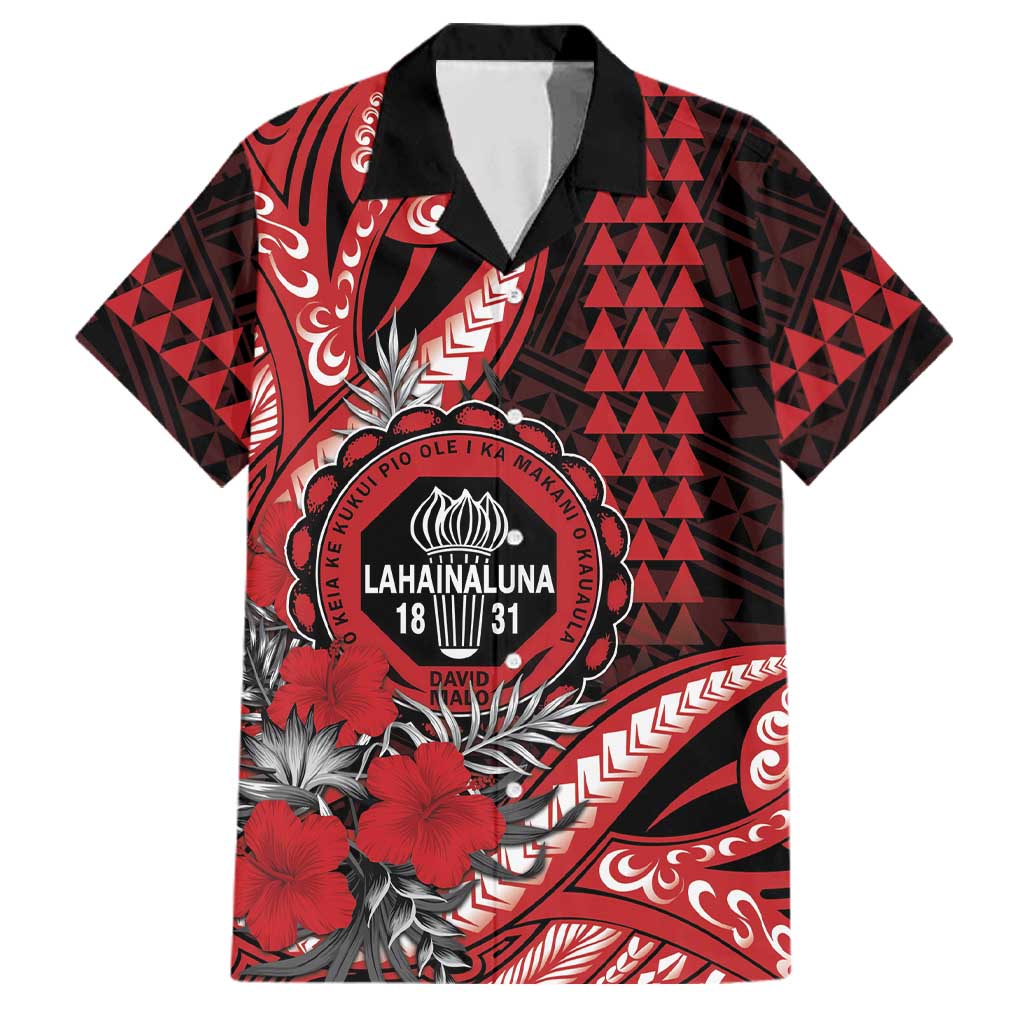 Personalized Hawaii Lahainaluna High School Family Matching Off The Shoulder Long Sleeve Dress and Hawaiian Shirt Tribal Tattoo With Hibiscus Flowers LT05 Dad's Shirt - Short Sleeve Red - Polynesian Pride