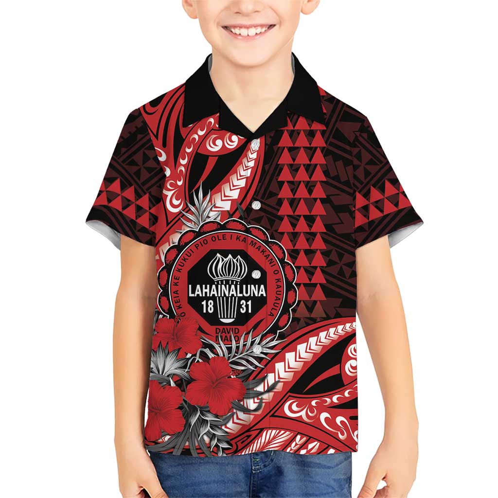 Personalized Hawaii Lahainaluna High School Family Matching Off Shoulder Maxi Dress and Hawaiian Shirt Tribal Tattoo With Hibiscus Flowers LT05 Son's Shirt Red - Polynesian Pride
