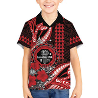 Personalized Hawaii Lahainaluna High School Family Matching Off Shoulder Maxi Dress and Hawaiian Shirt Tribal Tattoo With Hibiscus Flowers LT05 Son's Shirt Red - Polynesian Pride