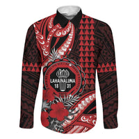Personalized Hawaii Lahainaluna High School Family Matching Off Shoulder Short Dress and Hawaiian Shirt Tribal Tattoo With Hibiscus Flowers LT05 Dad's Shirt - Long Sleeve Red - Polynesian Pride
