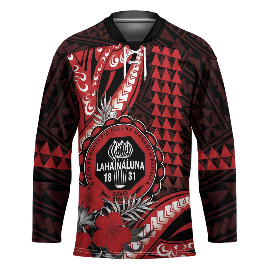 Personalized Hawaii Lahainaluna High School Hockey Jersey Tribal Tattoo With Hibiscus Flowers LT05 Unisex Red - Polynesian Pride