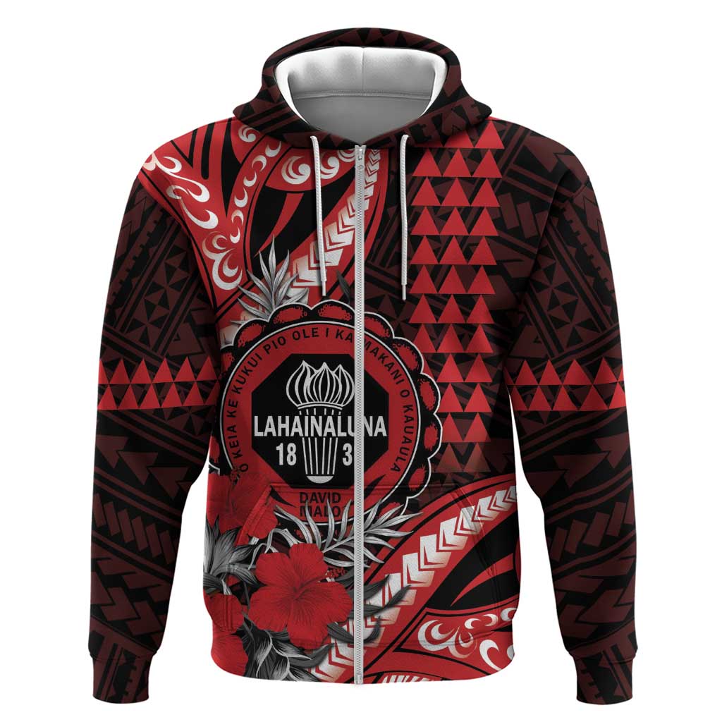 Personalized Hawaii Lahainaluna High School Hoodie Tribal Tattoo With Hibiscus Flowers LT05 Zip Hoodie Red - Polynesian Pride