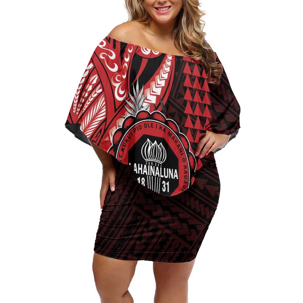 Personalized Hawaii Lahainaluna High School Off Shoulder Short Dress Tribal Tattoo With Hibiscus Flowers LT05 Women Red - Polynesian Pride
