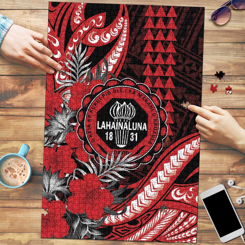Hawaii Lahainaluna High School Puzzle Tribal Tattoo With Hibiscus Flowers LT05 Red - Polynesian Pride