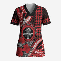 Personalized Hawaii Lahainaluna High School Scrub Top Tribal Tattoo With Hibiscus Flowers LT05 Adult Red - Polynesian Pride