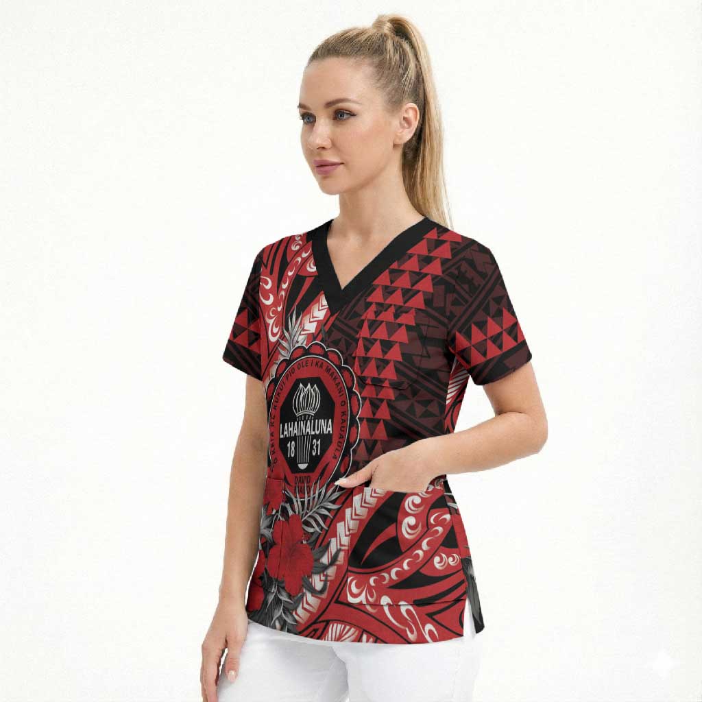 Personalized Hawaii Lahainaluna High School Scrub Top Tribal Tattoo With Hibiscus Flowers LT05 - Polynesian Pride