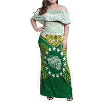 Personalised Cook Islands Ra o te Ui Ariki Family Matching Off Shoulder Maxi Dress and Hawaiian Shirt Polynesian Pattern LT05 Mom's Dress Green - Polynesian Pride