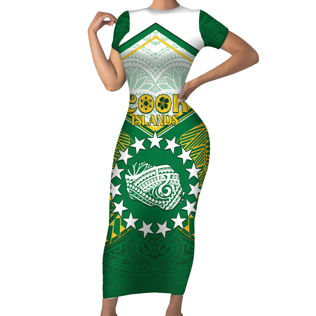 Personalised Cook Islands Ra o te Ui Ariki Family Matching Short Sleeve Bodycon Dress and Hawaiian Shirt Polynesian Pattern LT05 Mom's Dress Green - Polynesian Pride