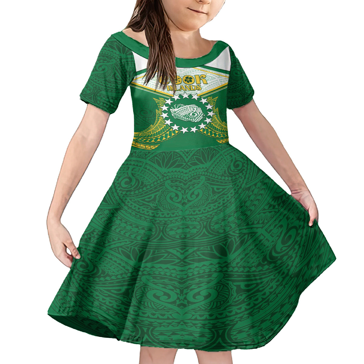 Personalised Cook Islands Ra o te Ui Ariki Family Matching Tank Maxi Dress and Hawaiian Shirt Polynesian Pattern LT05 Daughter's Dress Green - Polynesian Pride