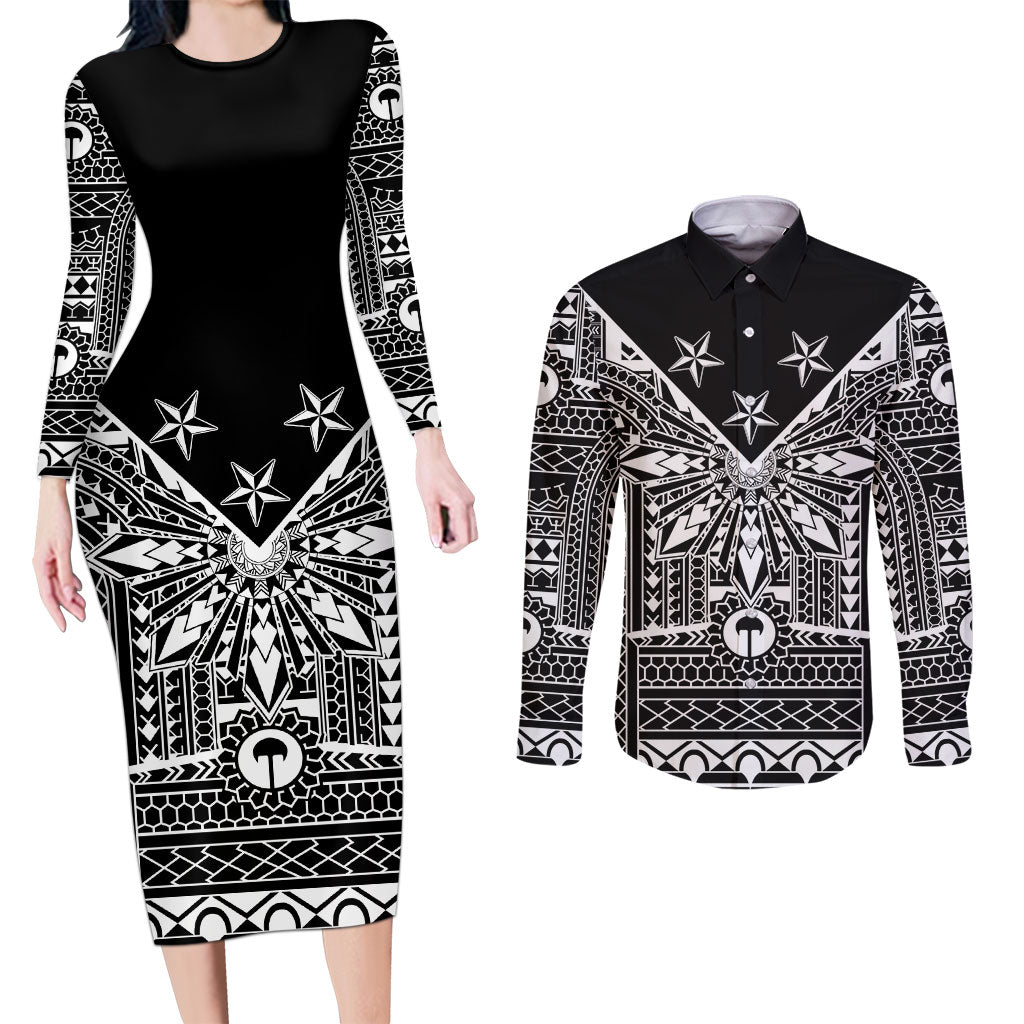 Black Philippines Sun Star Couples Matching Long Sleeve Bodycon Dress and Long Sleeve Button Shirt Igorot Tribal Inspiration LT05 Black - Polynesian Pride