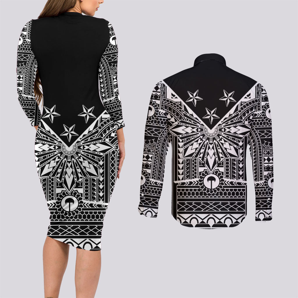 Black Philippines Sun Star Couples Matching Long Sleeve Bodycon Dress and Long Sleeve Button Shirt Igorot Tribal Inspiration LT05 - Polynesian Pride