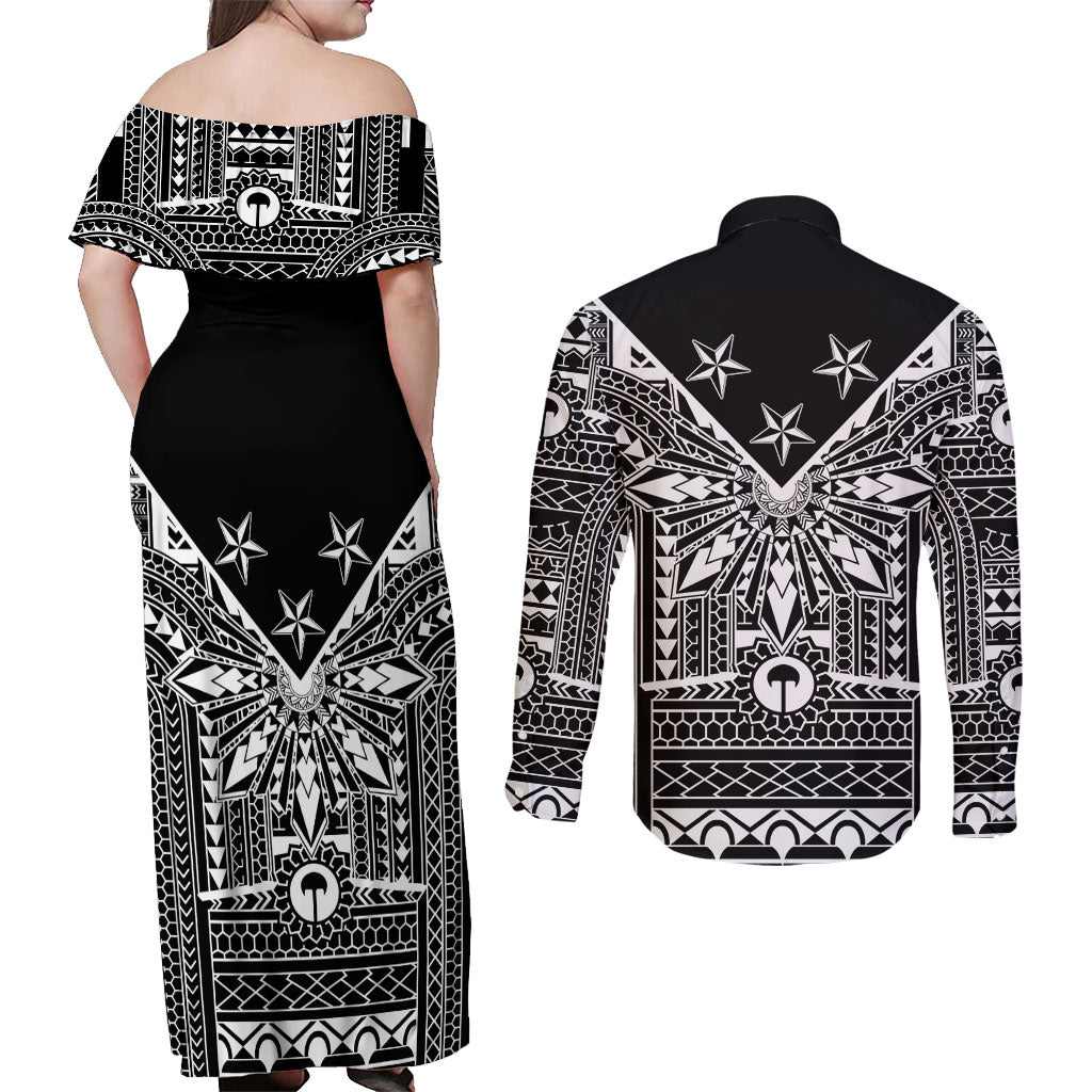 Black Philippines Sun Star Couples Matching Off Shoulder Maxi Dress and Long Sleeve Button Shirt Igorot Tribal Inspiration
