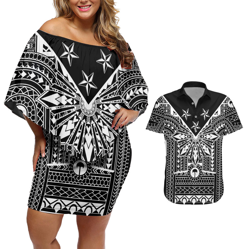 Black Philippines Sun Star Couples Matching Off Shoulder Short Dress and Hawaiian Shirt Igorot Tribal Inspiration