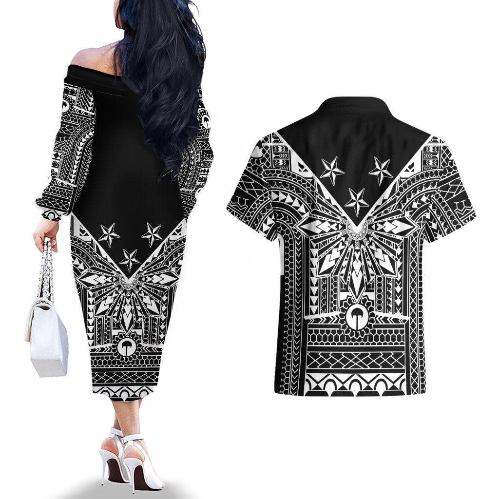 Black Philippines Sun Star Couples Matching Off The Shoulder Long Sleeve Dress and Hawaiian Shirt Igorot Tribal Inspiration LT05 - Polynesian Pride