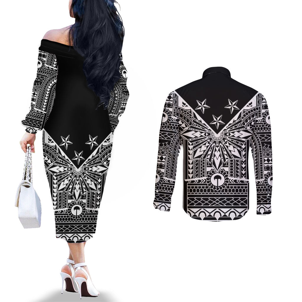 Black Philippines Sun Star Couples Matching Off The Shoulder Long Sleeve Dress and Long Sleeve Button Shirt Igorot Tribal Inspiration LT05 - Polynesian Pride