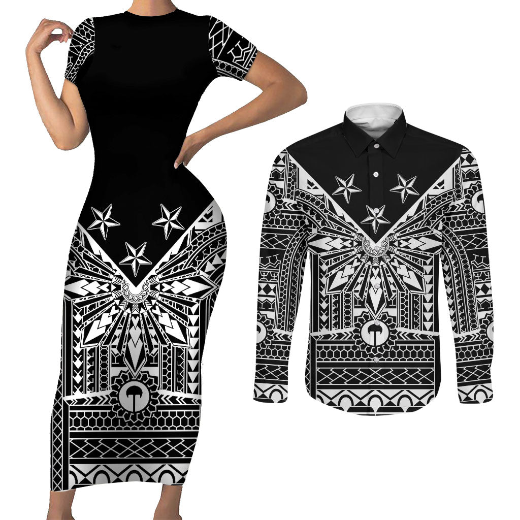 Black Philippines Sun Star Couples Matching Short Sleeve Bodycon Dress and Long Sleeve Button Shirt Igorot Tribal Inspiration