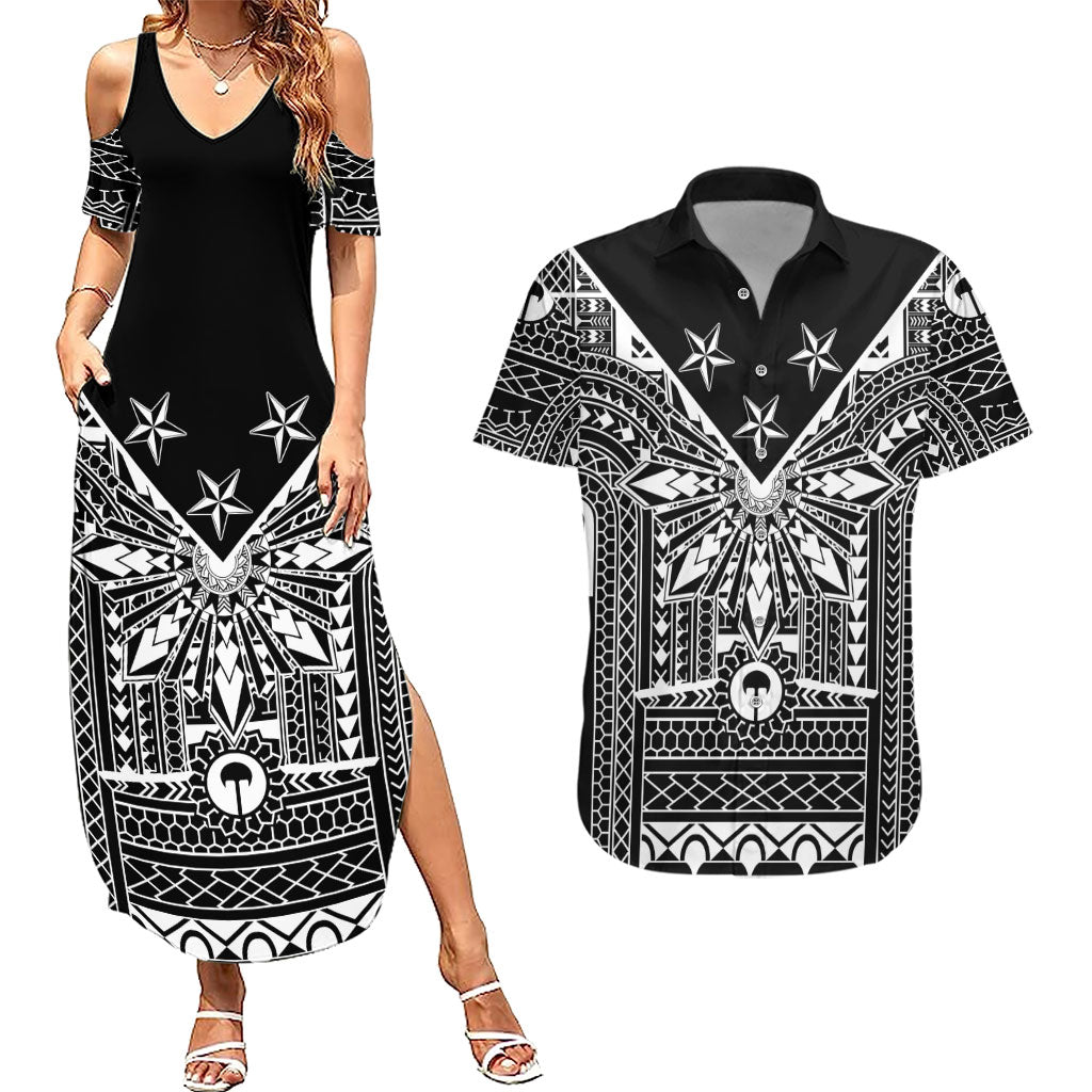 Black Philippines Sun Star Couples Matching Summer Maxi Dress and Hawaiian Shirt Igorot Tribal Inspiration
