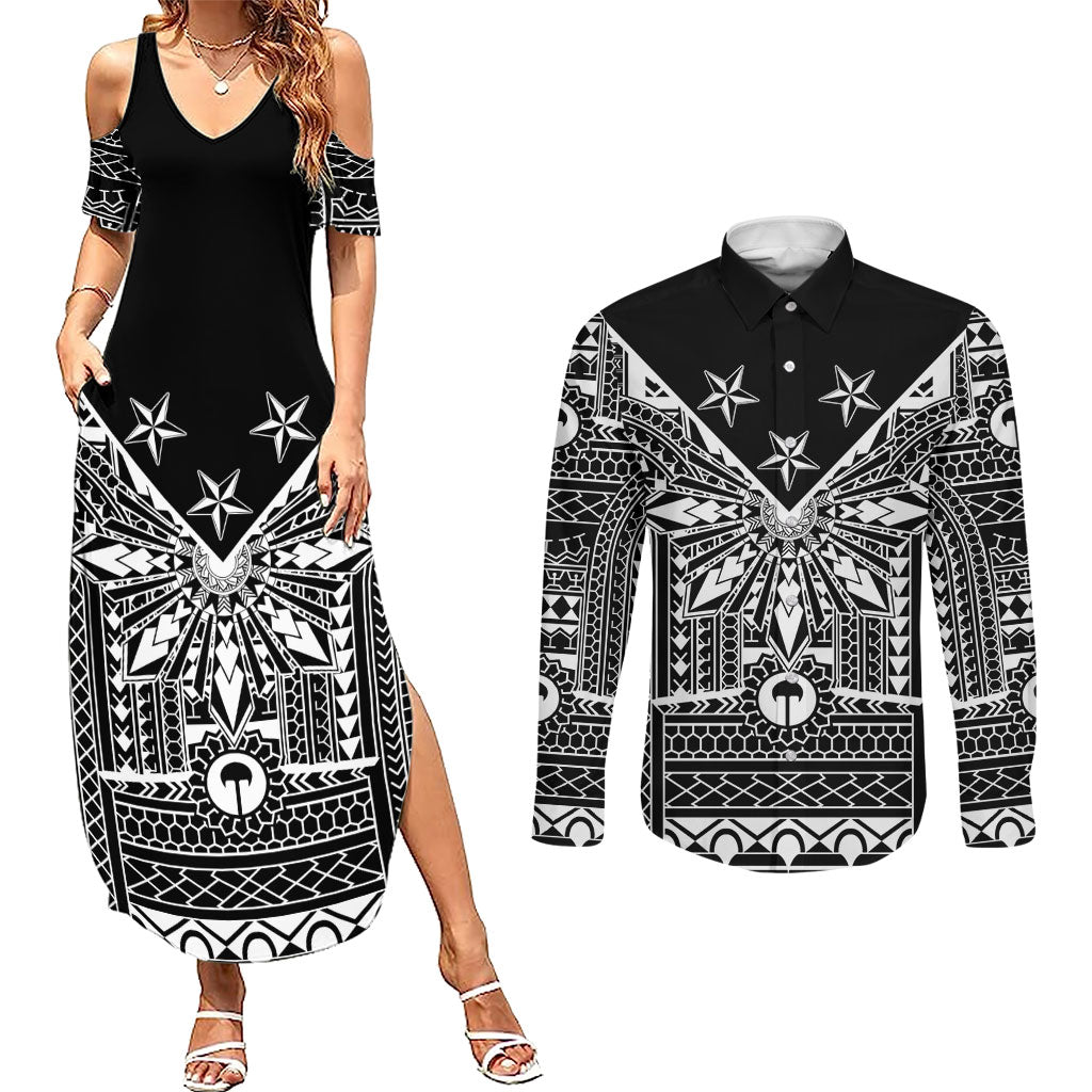 Black Philippines Sun Star Couples Matching Summer Maxi Dress and Long Sleeve Button Shirt Igorot Tribal Inspiration