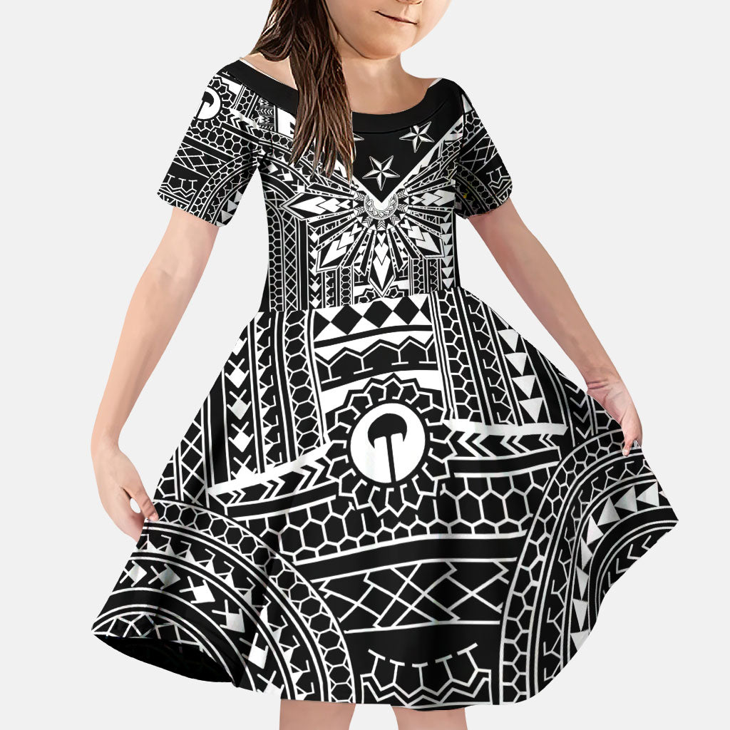 Black Philippines Sun Star Family Matching Long Sleeve Bodycon Dress and Hawaiian Shirt Igorot Tribal Inspiration LT05 Daughter's Dress Black - Polynesian Pride