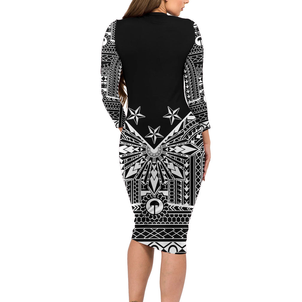 Black Philippines Sun Star Family Matching Long Sleeve Bodycon Dress and Hawaiian Shirt Igorot Tribal Inspiration LT05 - Polynesian Pride