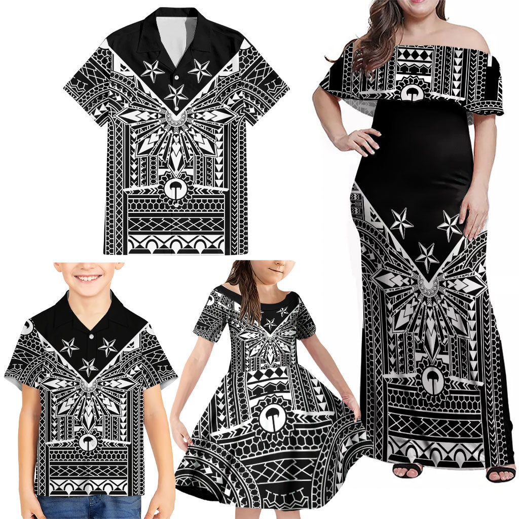 Black Philippines Sun Star Family Matching Off Shoulder Maxi Dress and Hawaiian Shirt Igorot Tribal Inspiration