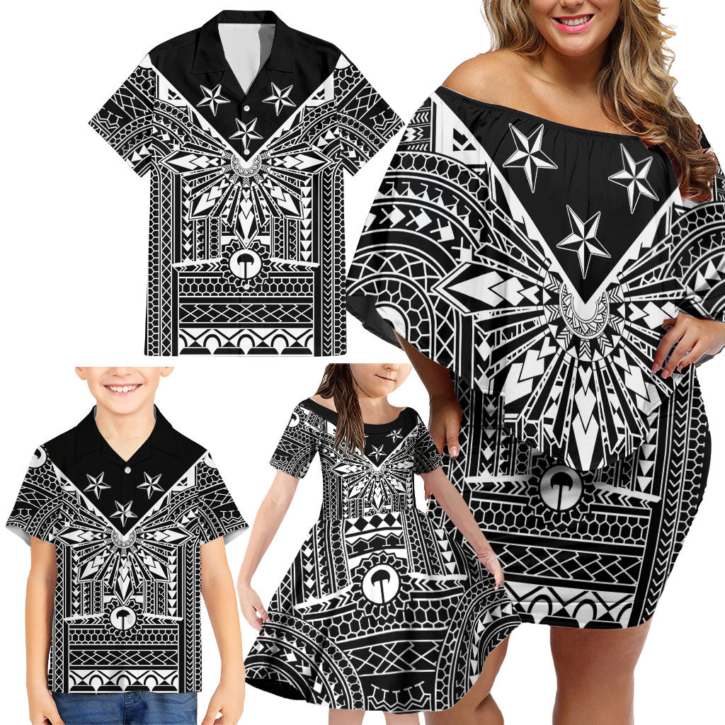Black Philippines Sun Star Family Matching Off Shoulder Short Dress and Hawaiian Shirt Igorot Tribal Inspiration LT05 - Polynesian Pride