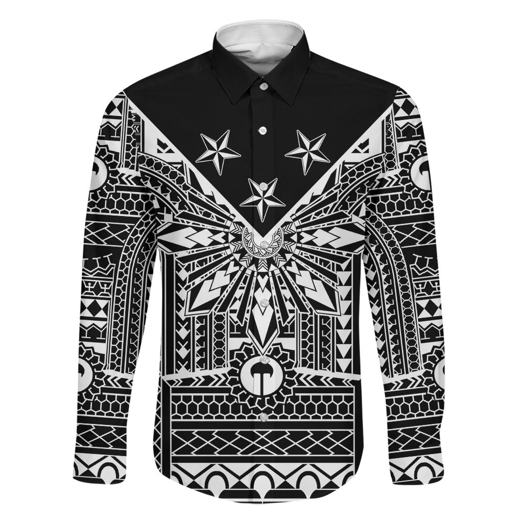 Black Philippines Sun Star Family Matching Short Sleeve Bodycon Dress and Hawaiian Shirt Igorot Tribal Inspiration LT05 Dad's Shirt - Long Sleeve Black - Polynesian Pride