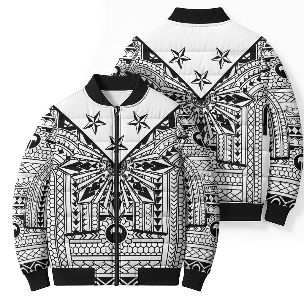 White Philippines Sun Star Bomber Puffer Jacket Igorot Tribal Inspiration