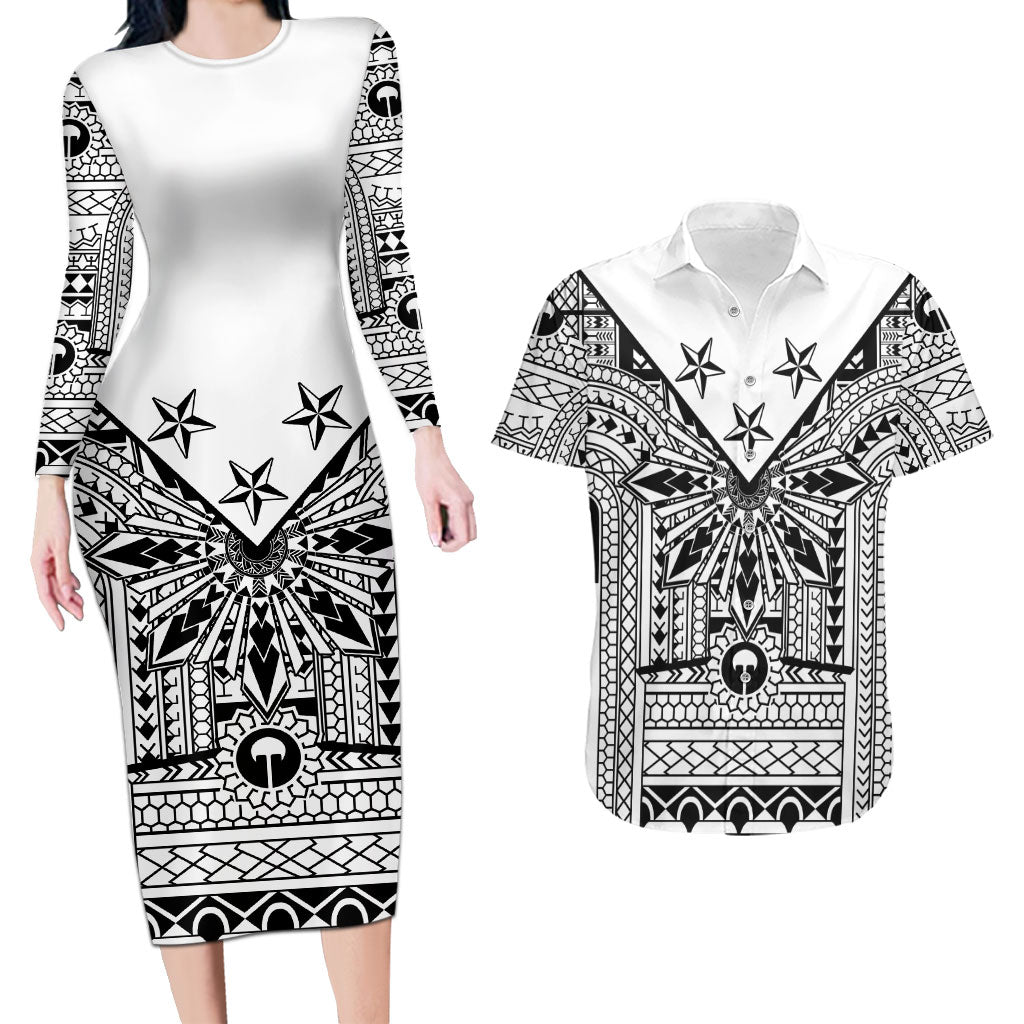 White Philippines Sun Star Couples Matching Long Sleeve Bodycon Dress and Hawaiian Shirt Igorot Tribal Inspiration