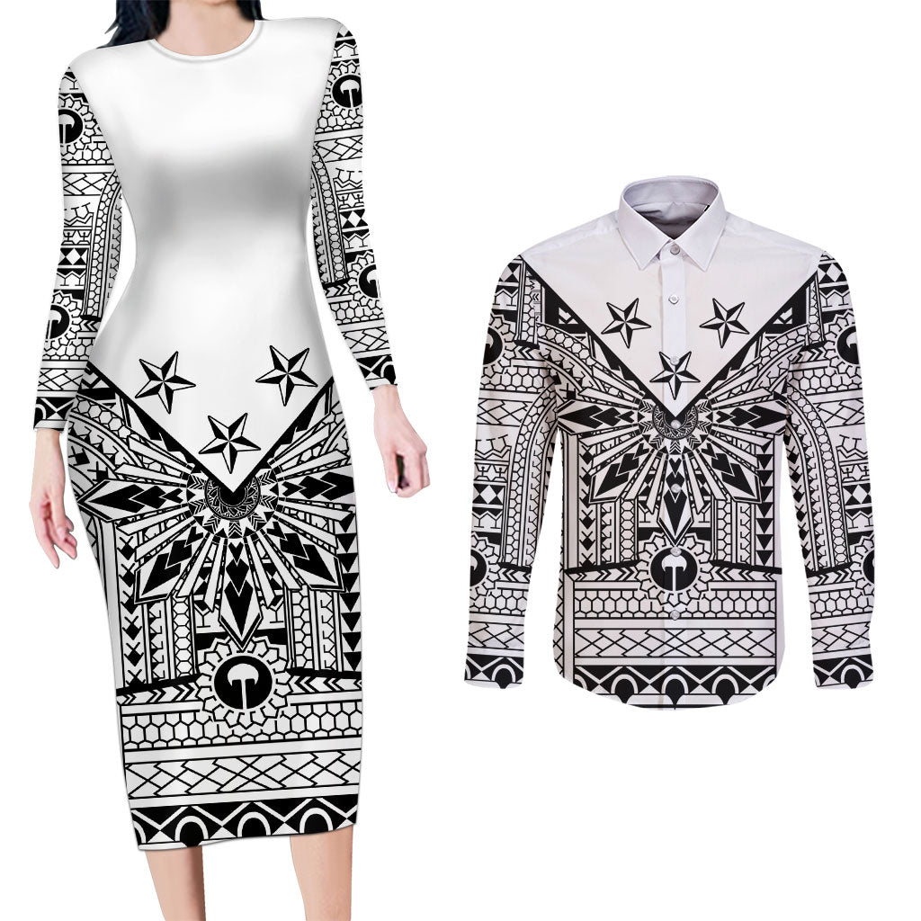 White Philippines Sun Star Couples Matching Long Sleeve Bodycon Dress and Long Sleeve Button Shirt Igorot Tribal Inspiration LT05 White - Polynesian Pride