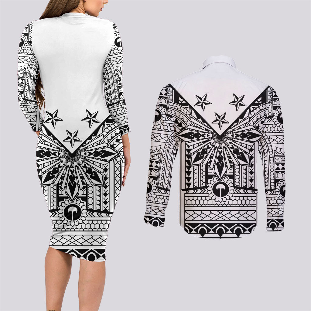 White Philippines Sun Star Couples Matching Long Sleeve Bodycon Dress and Long Sleeve Button Shirt Igorot Tribal Inspiration LT05 - Polynesian Pride