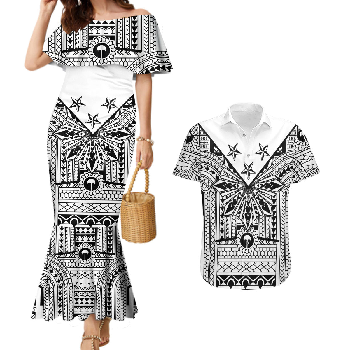 White Philippines Sun Star Couples Matching Mermaid Dress and Hawaiian Shirt Igorot Tribal Inspiration LT05 White - Polynesian Pride