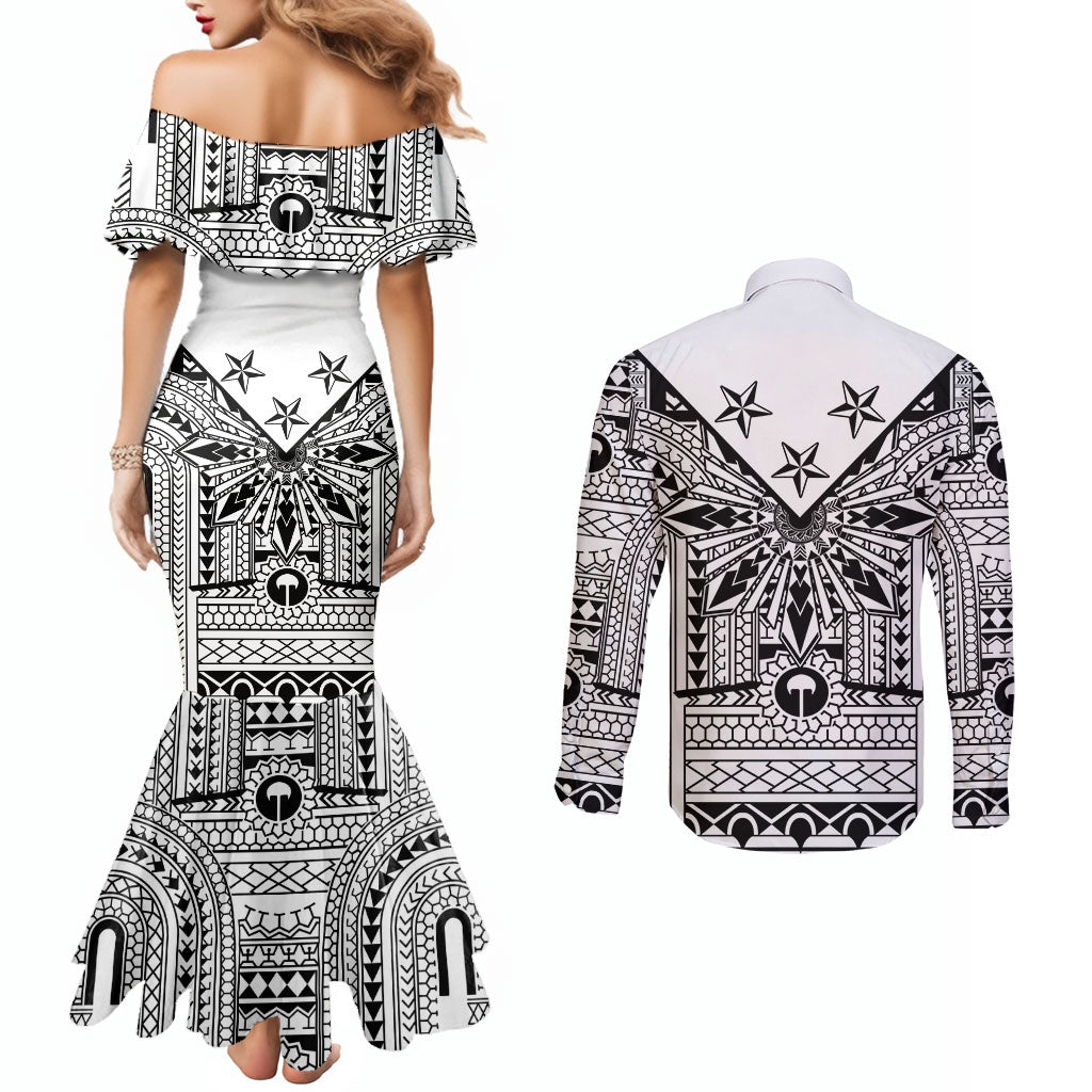 White Philippines Sun Star Couples Matching Mermaid Dress and Long Sleeve Button Shirt Igorot Tribal Inspiration LT05 - Polynesian Pride