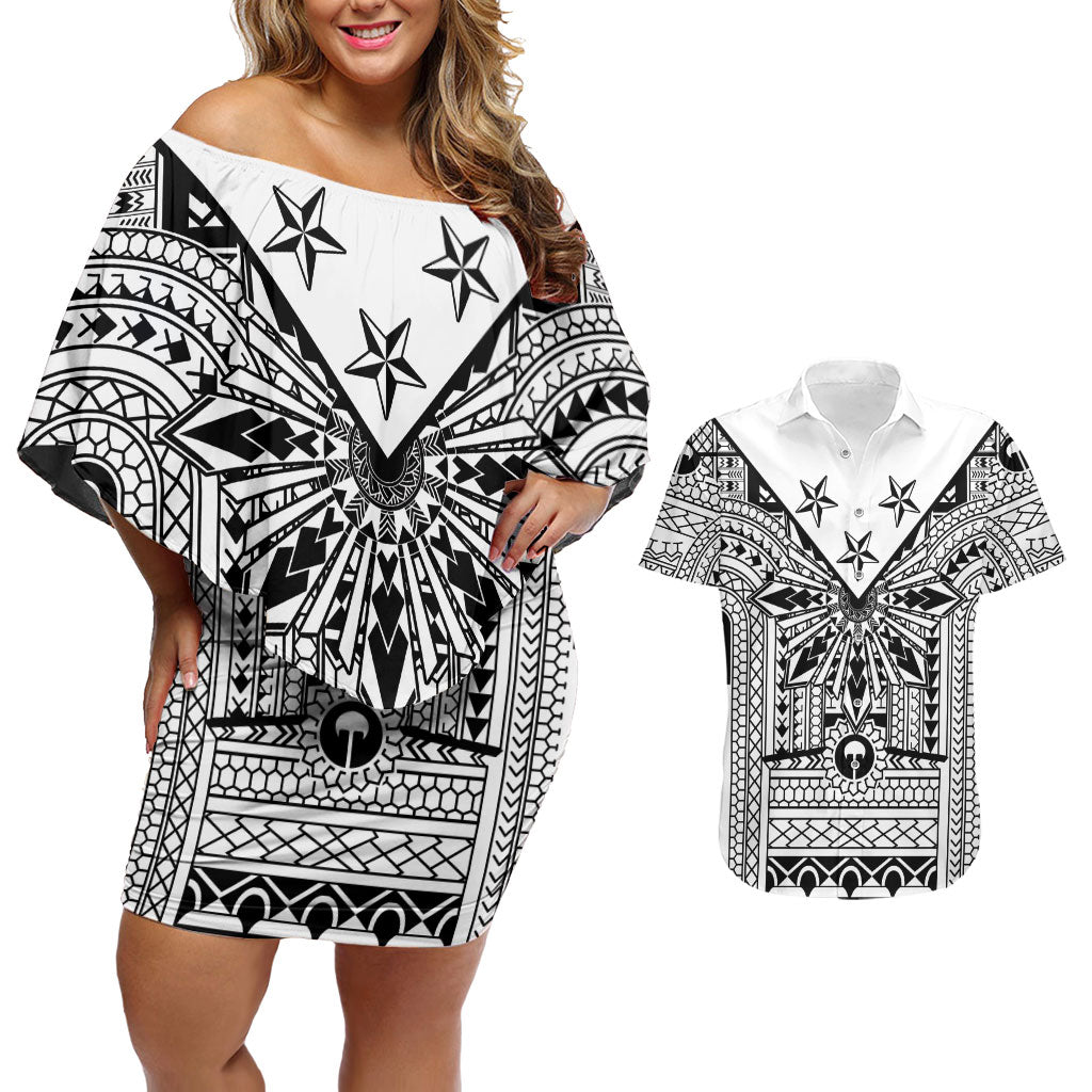 White Philippines Sun Star Couples Matching Off Shoulder Short Dress and Hawaiian Shirt Igorot Tribal Inspiration LT05 White - Polynesian Pride
