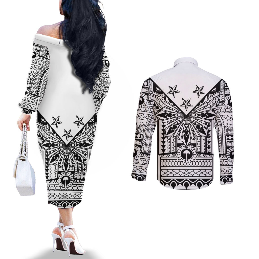 White Philippines Sun Star Couples Matching Off The Shoulder Long Sleeve Dress and Long Sleeve Button Shirt Igorot Tribal Inspiration LT05 - Polynesian Pride