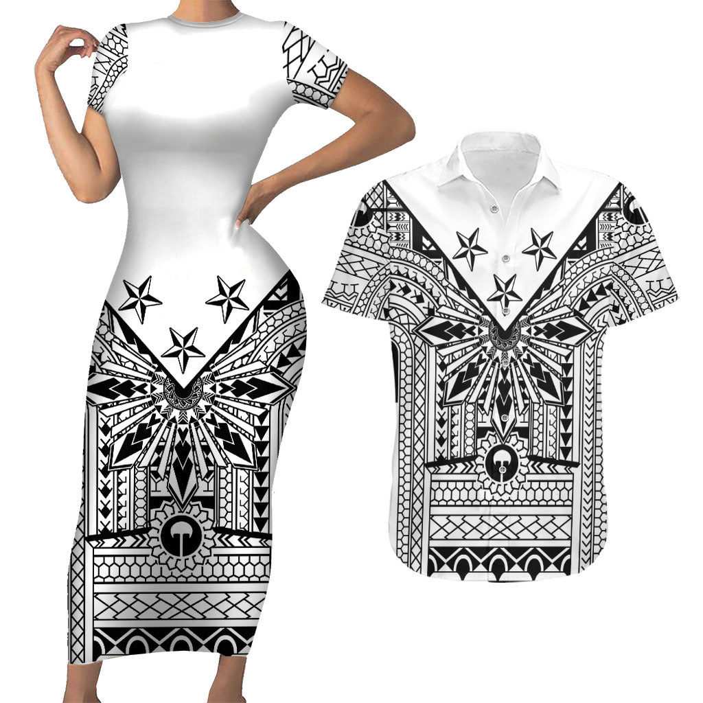 White Philippines Sun Star Couples Matching Short Sleeve Bodycon Dress and Hawaiian Shirt Igorot Tribal Inspiration LT05 White - Polynesian Pride