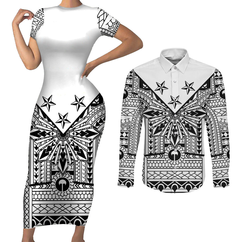 White Philippines Sun Star Couples Matching Short Sleeve Bodycon Dress and Long Sleeve Button Shirt Igorot Tribal Inspiration